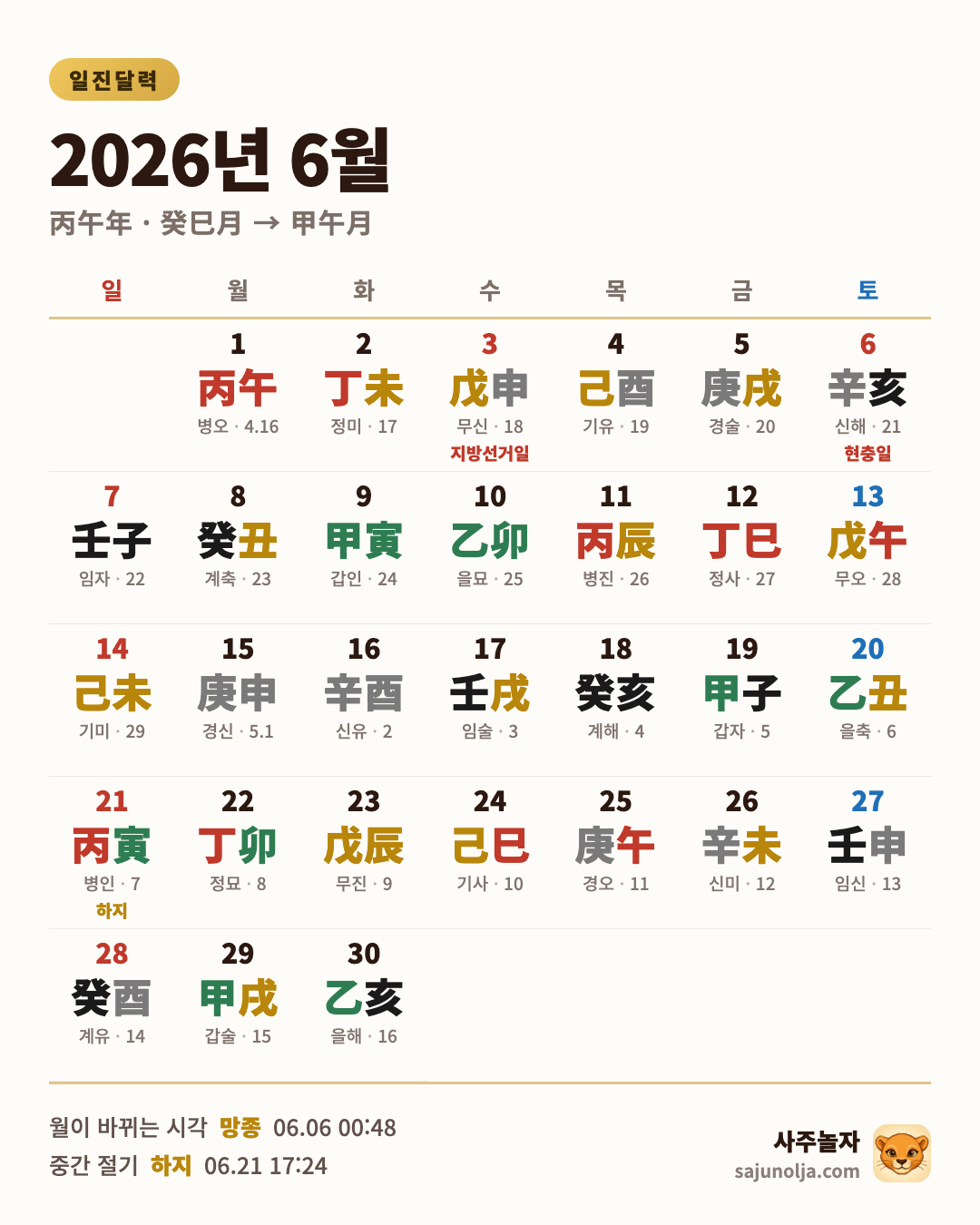 2026년 6월 일진달력 — 날짜별 일진·음력·절기·공휴일