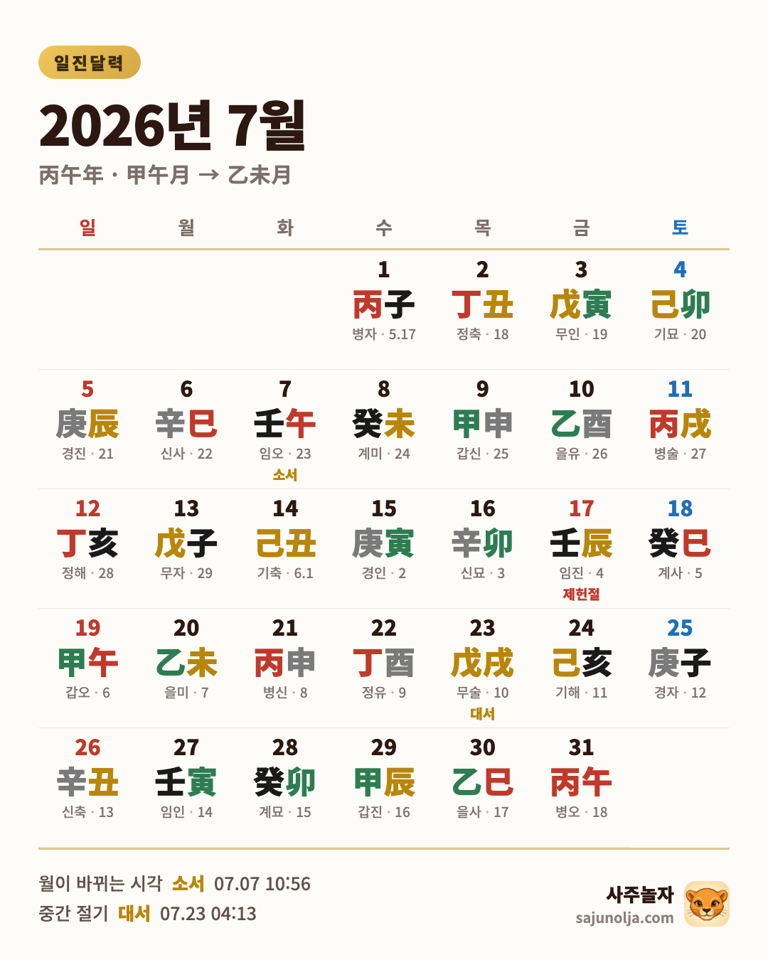 2026년 7월 일진달력 — 날짜별 일진·음력·절기·공휴일