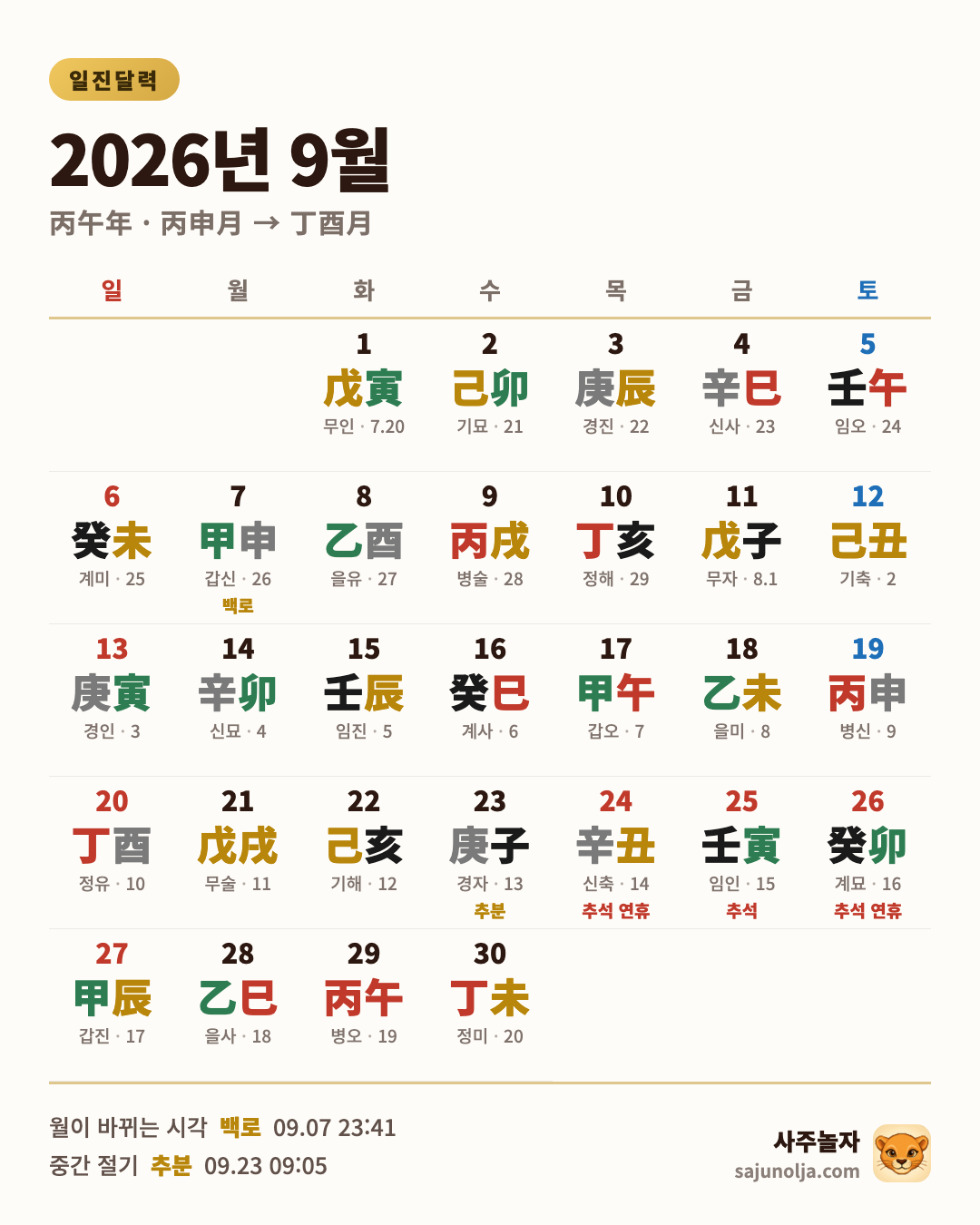 2026년 9월 일진달력 — 날짜별 일진·음력·절기·공휴일