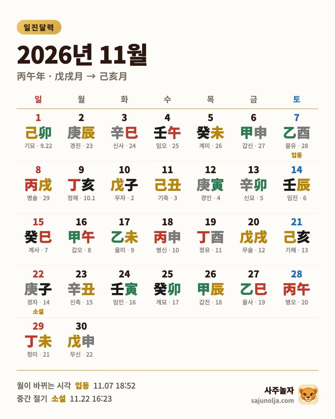 2026년 11월 일진달력 — 날짜별 일진·음력·절기·공휴일