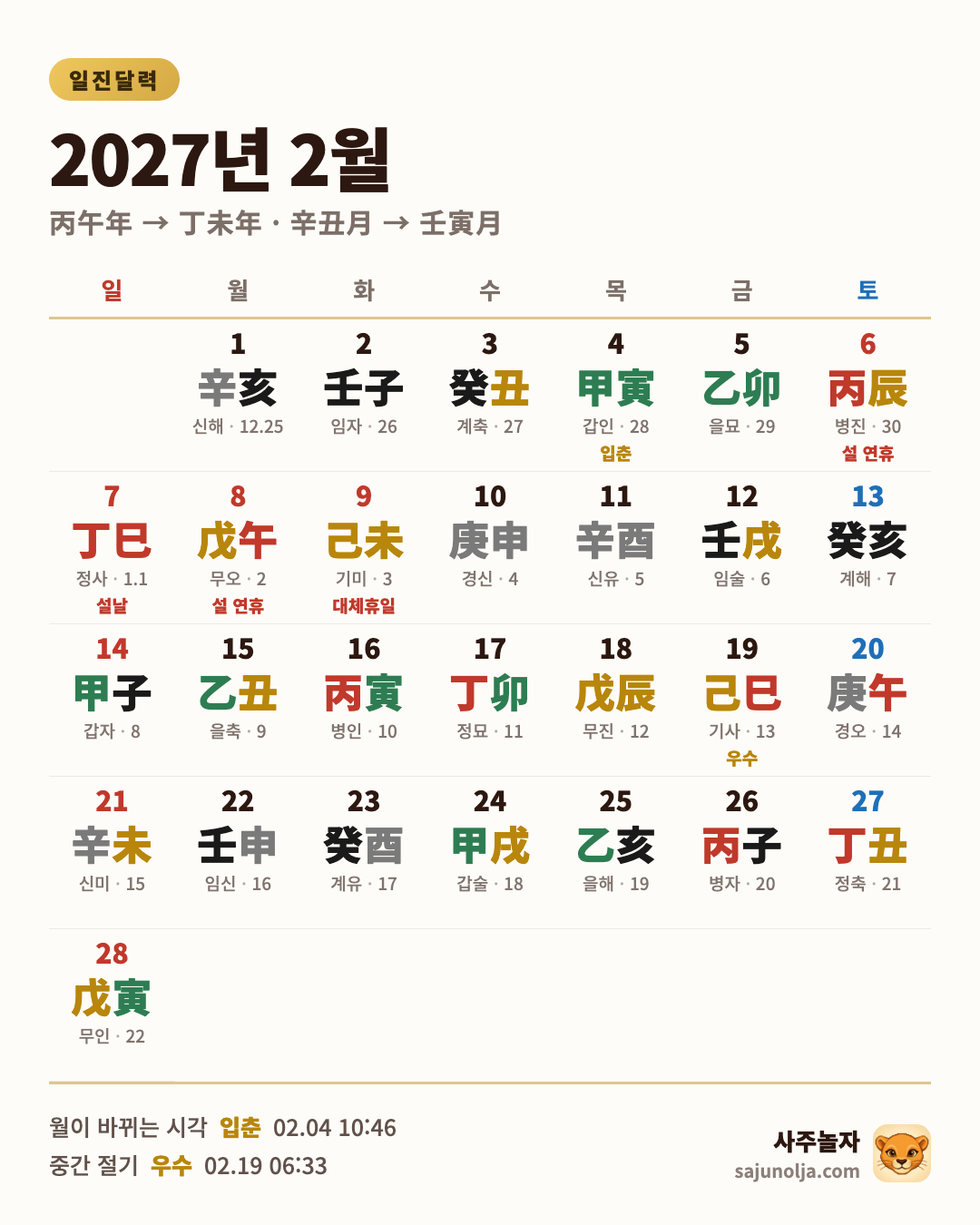 2027년 2월 일진달력 — 날짜별 일진·음력·절기·공휴일