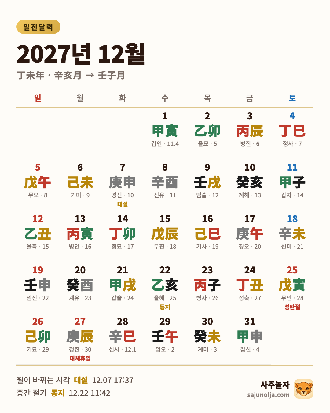 2027년 12월 일진달력 — 날짜별 일진·음력·절기·공휴일
